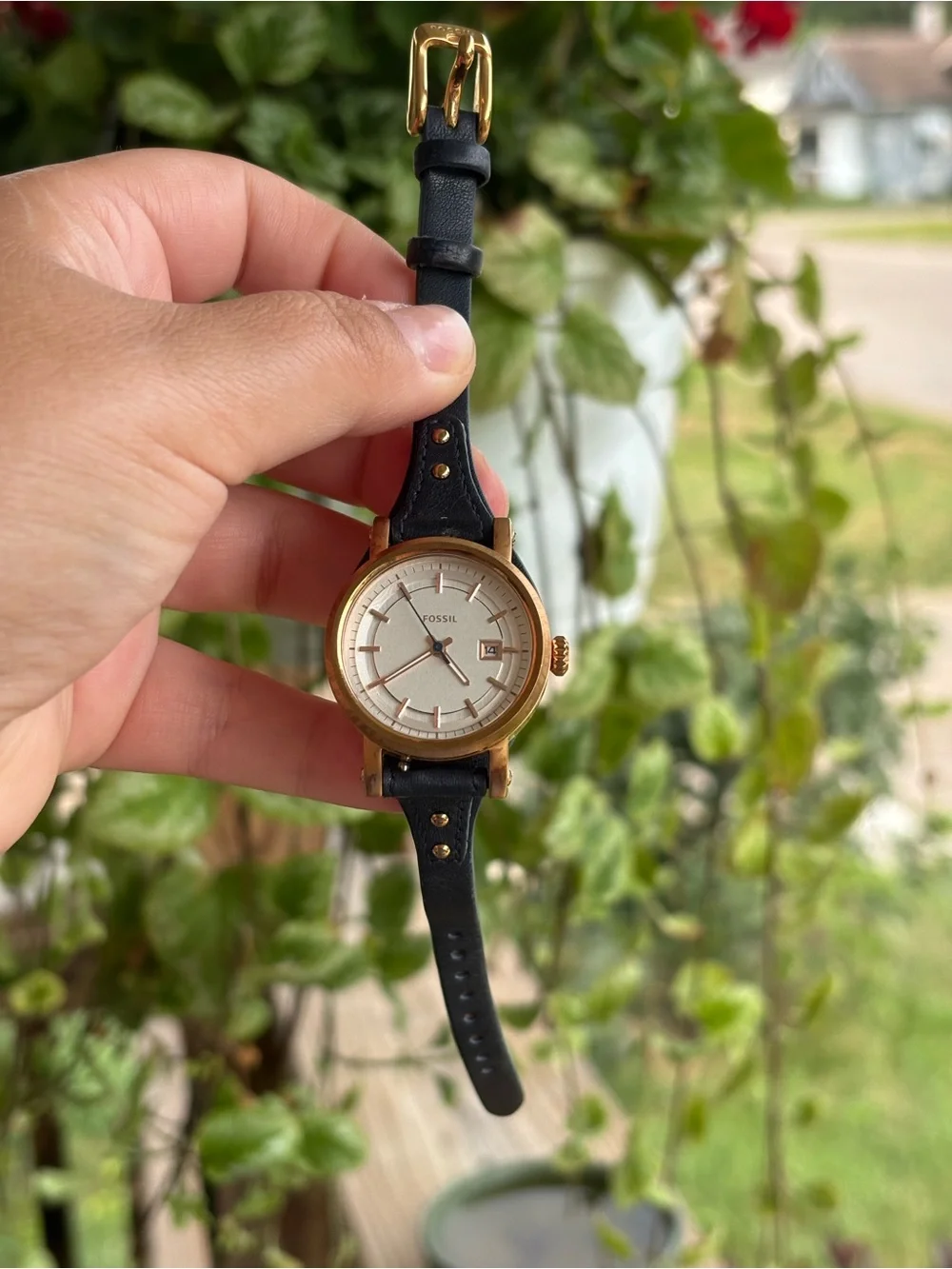 Fossil boyfriend rose Gold-Tone Round Watch with navy Leather Strap